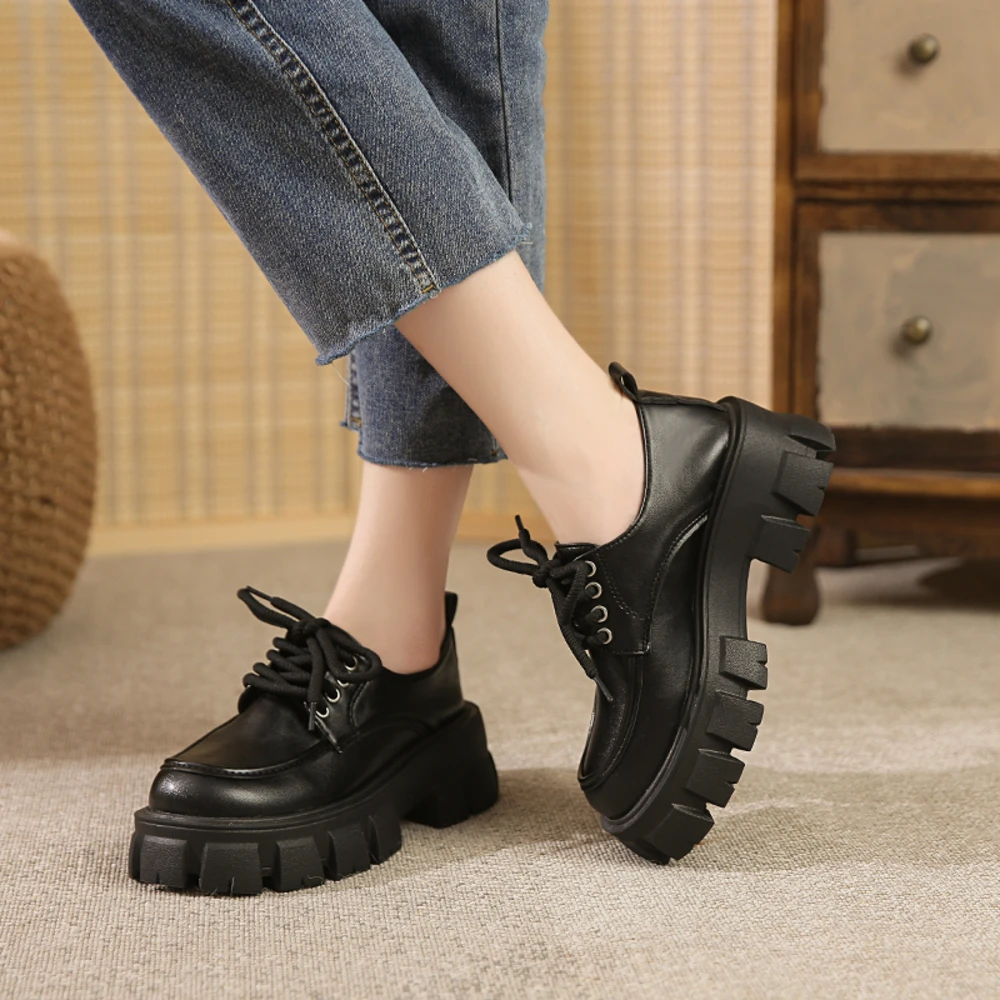 

Leather Lace-Up Flats Thick Bottom Platform Loafers Heightening Shoes British Style round Toe Daily Wear Microfiber Upgraded