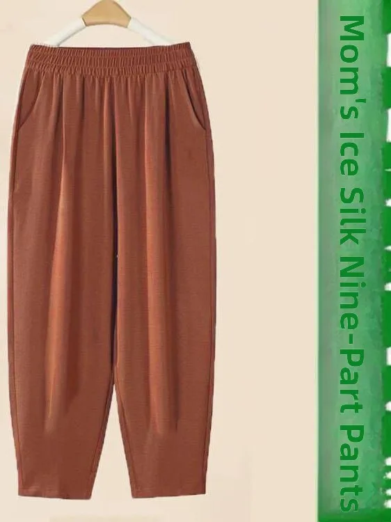 Pantaloni estivi a gamba dritta a vita alta in seta di ghiaccio sottile Pantaloni da mamma a nove punte casual larghi da donna in fibra di poliestere coreana