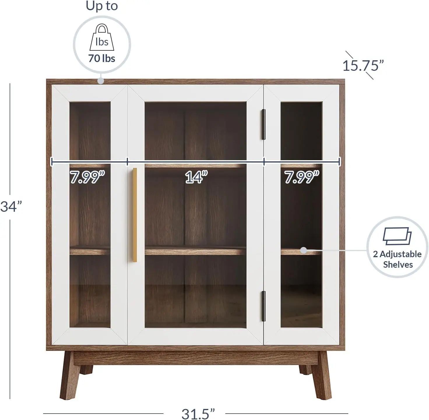 Set of 2 Sideboard 31 Inch Buffet Cabinet with 3-Tiers Shelves and Glass Display Door, Console Table Storage/Pantry Cabinet