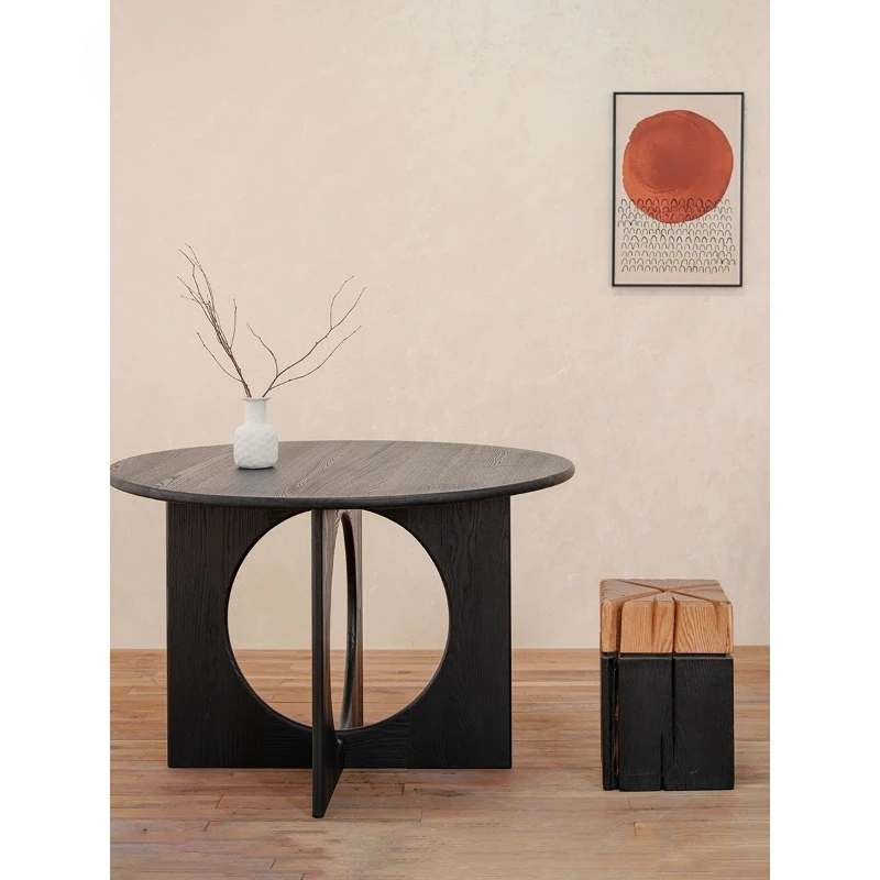 

wabi-sabi wind round solid wood dining table household carbonized black round table ash wood designer 2025 new model