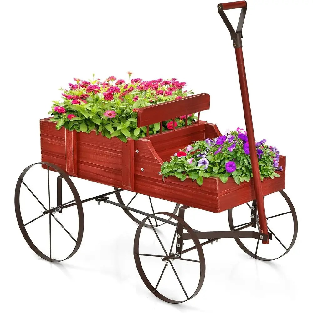 

Red Wooden Small Wagon Cart Planter with Metal Wheels for Garden Patio, 24.5x13.5x24