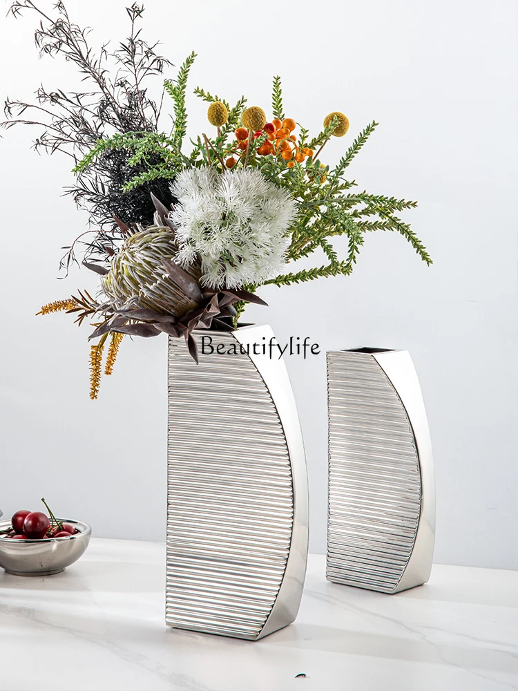 Modern light luxury stainless steel creative striped mirror vase living room entrance desktop ornament