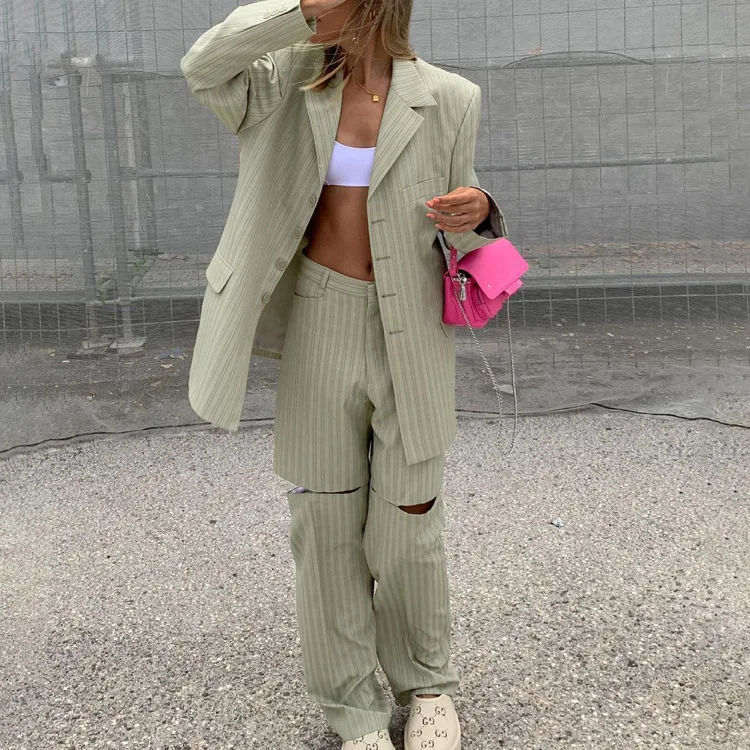

Модный полосатый свободный костюм, женский весенне-осенний новый повседневный пиджак, брюки, комплект из двух предметов