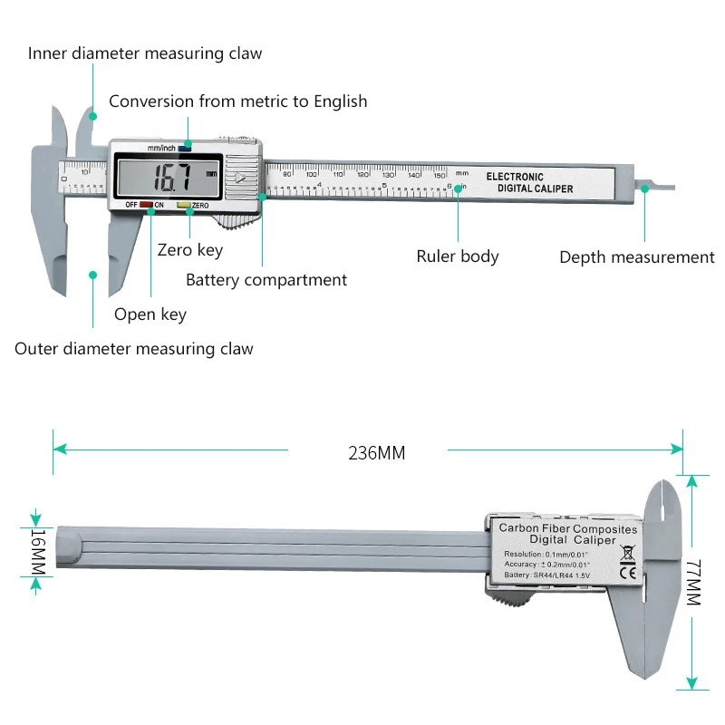 0-150mm Electronic Digital Display Vernier Caliper Carbon Fiber Dial Vernier Caliper Gauge Digital Ruler Measuring Tool