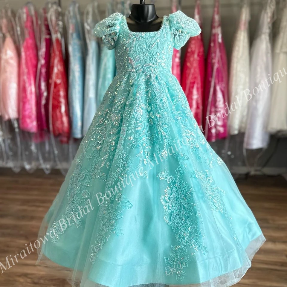 Aqua Green Girl Pageant Dress 2024 Puff Sleeves Lilac Sequin Lace Little Kid Birthday Holiday Formal Cocktail Party Gown Toddler