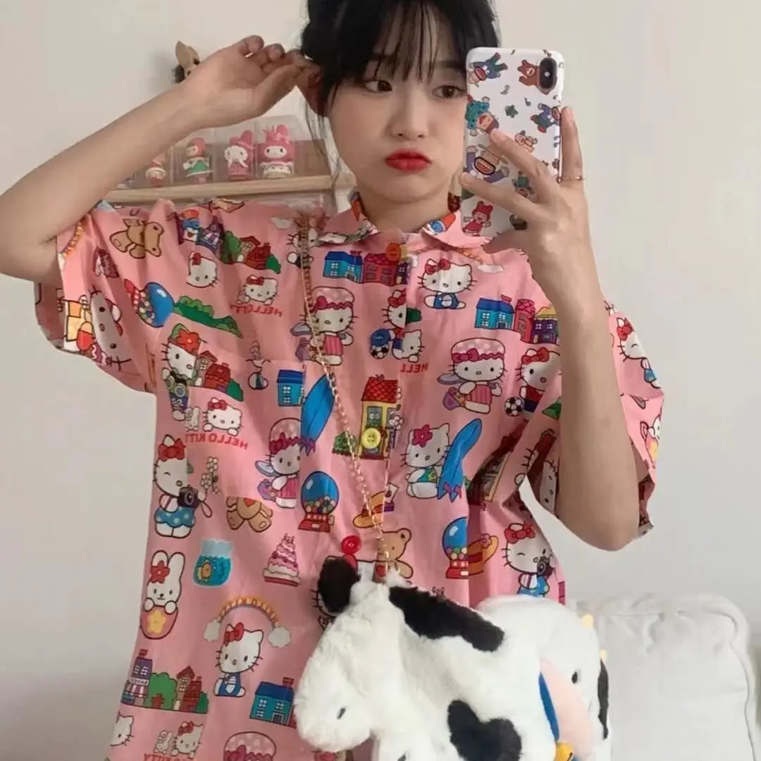 Kawaii Sanrio Accessories Sleeve Shirt Hello Kittys Cute Beauty Girl Retro Sweet Girl Summer Pink Printed Women\\\'s Clothing Gift