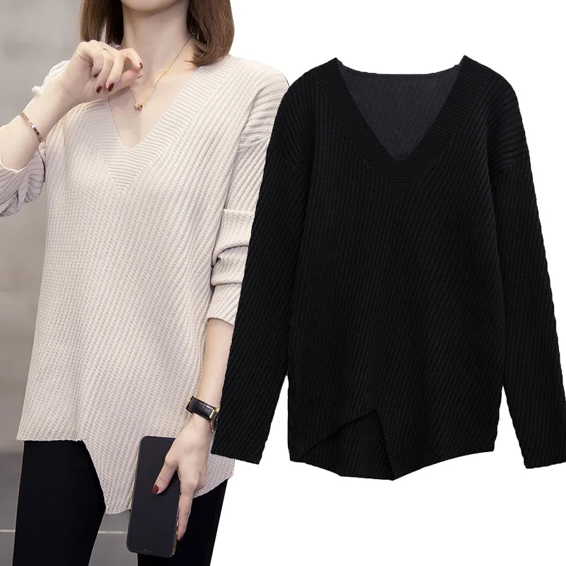 

4XL Large Size Kint Women Fashion Irregular Solid Sweaters Autumn Winter Long Sleeve V Neck Loose Basic Thick Female Pullover