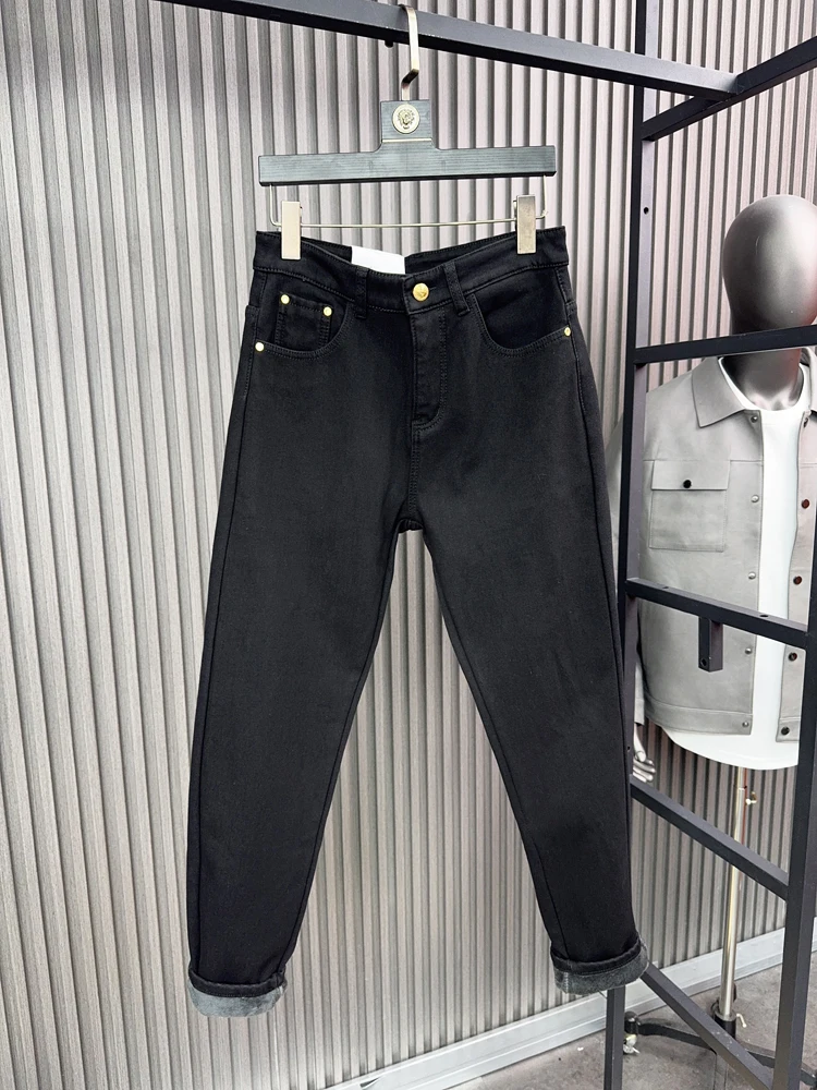 Svip Sli Fce Lined Slim Fit Cone aped Straight Leg Denim Jeans for Men Winter Warm Elastic mid Stretch M Model