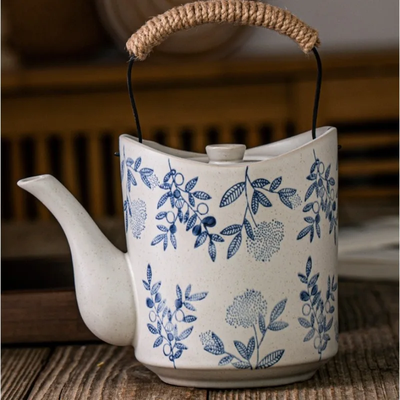 Japanese Hand-painted Teapot Handle Retro Ceramic Restaurant Tea Kettle Large Capacity 1000ML Kitchen Cool Water Pot Drink Ware