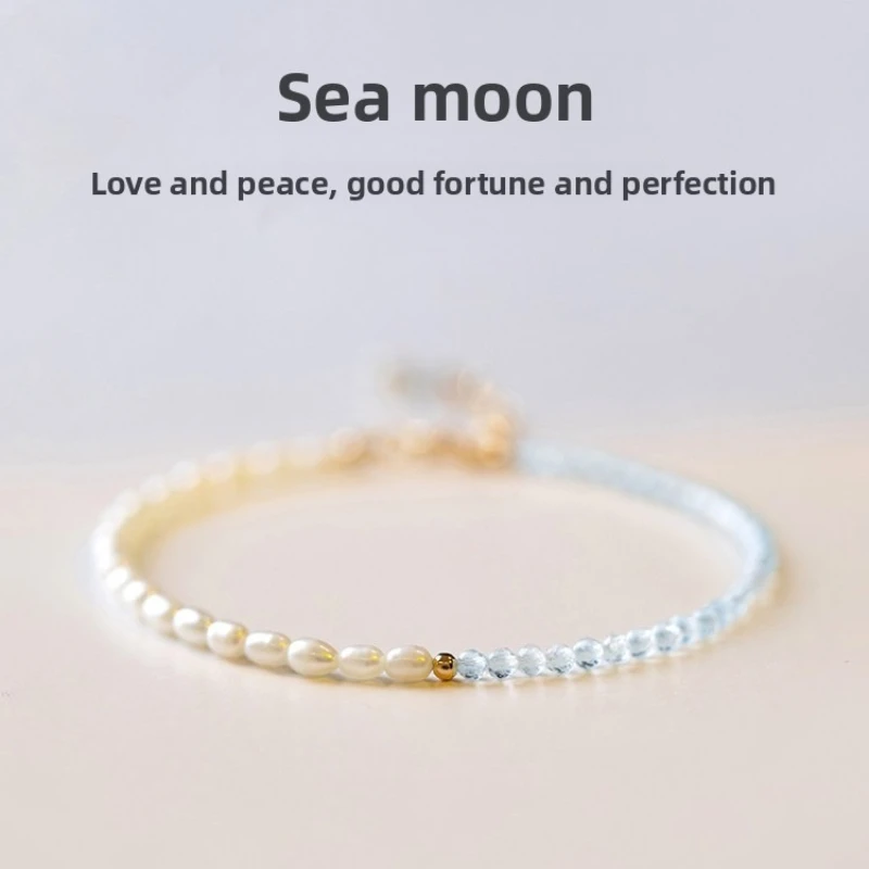 Light Blue Natural Sea Blue Treasure Bracelet Women's Design Ins Small Rice Pearl Bracelet Extremely Fine 3mm