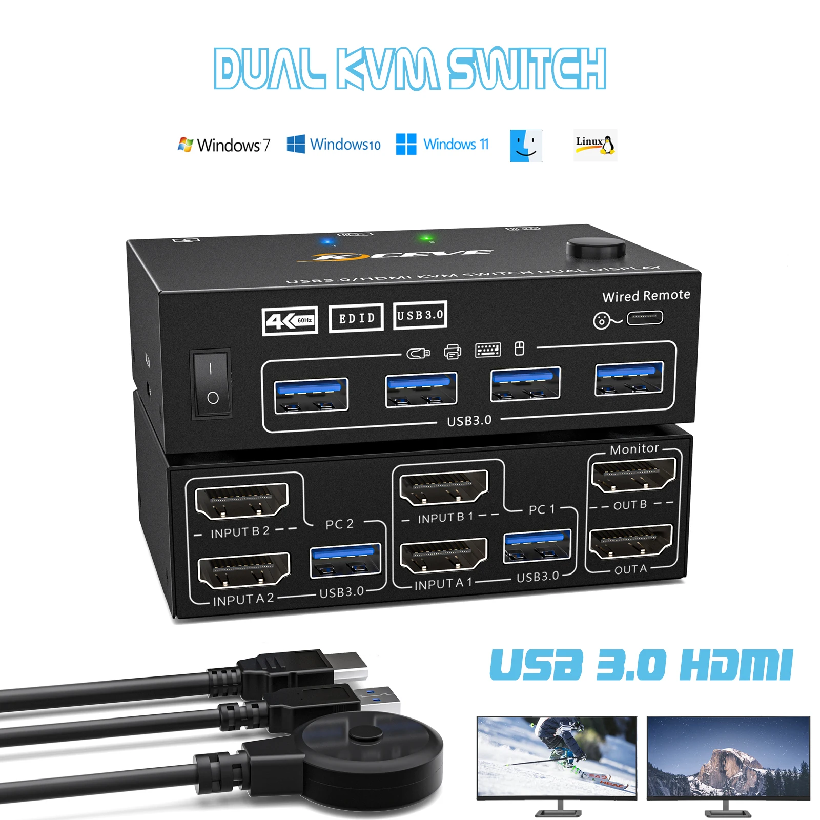 Dual Channel KVM Switch USB 3.0 DHMI 2X2 Switch Multiple Computer multi-Display Host Interface Keyboard Mouse Shared Device