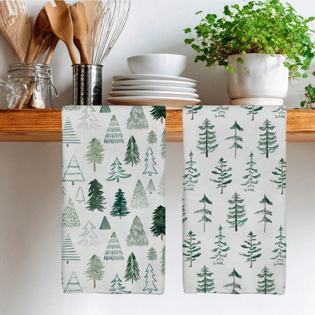 2-Pack Christmas Green Watercolor Tree Kitchen Towels | Multi-Use Hand Towel/Dishcloth | All-Season Cleaning & Decor for Kitchen
