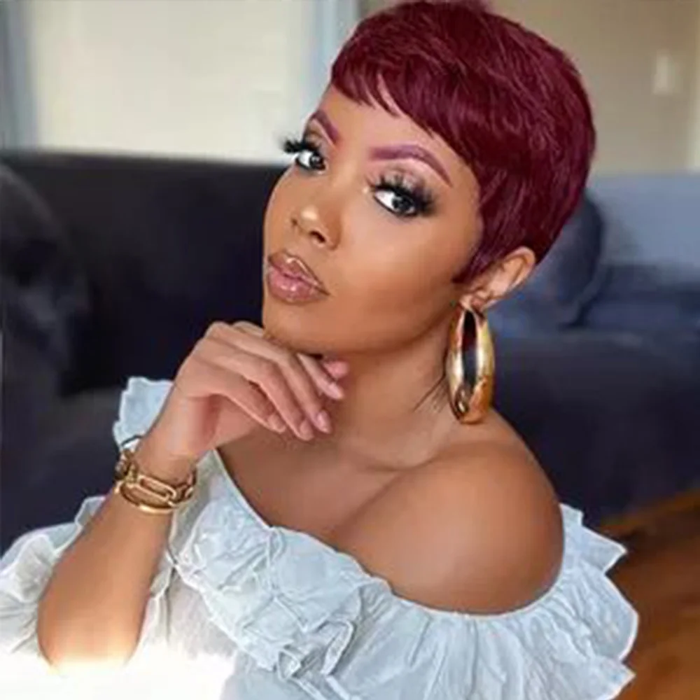 Pixie Cut Wig Short Layered Burgundy Human Hair Wigs With Bangs Full Machine-Made For Natural Look Casual Wig