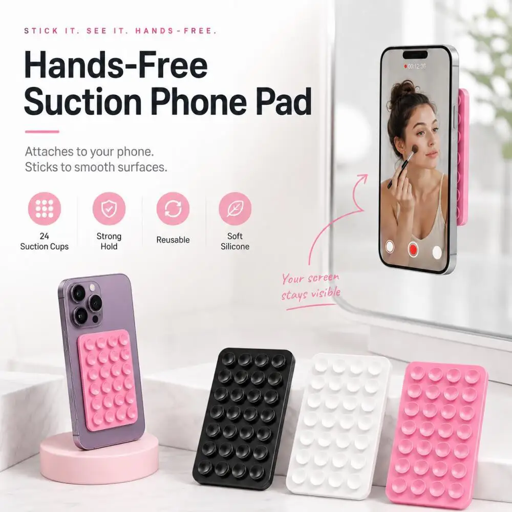 24-Cup Silicone Suction Phone Pad, Reusable Double-Sided Suction Mat, Hands-Free Phone Holder for Mirror, Glass, and Shower