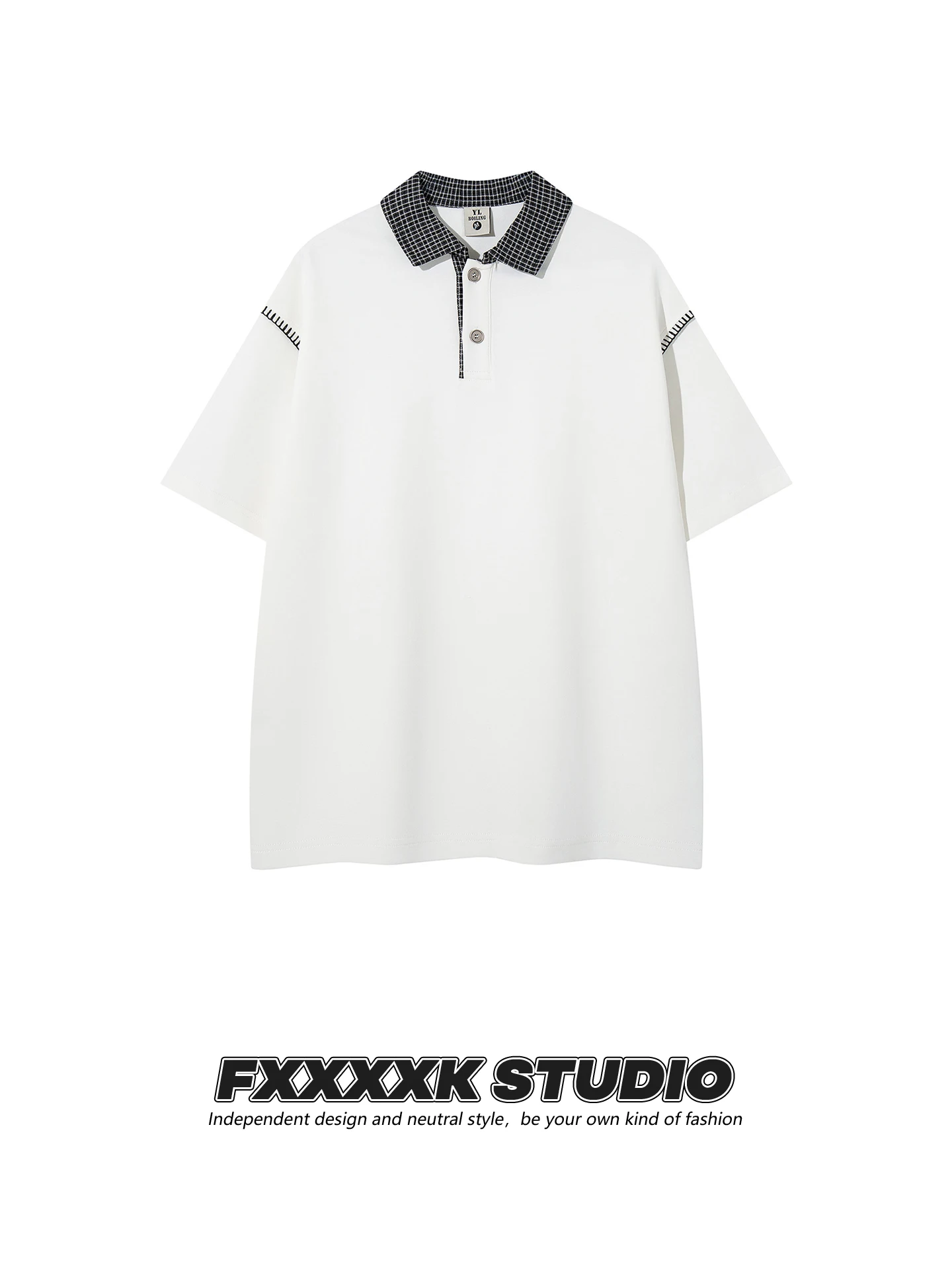 

Оригинальная футболка FXK в стиле ретро, американский модный бренд, с клетчатыми вставками, простой дизайн, повседневная, с воротником, короткий рукав, топ