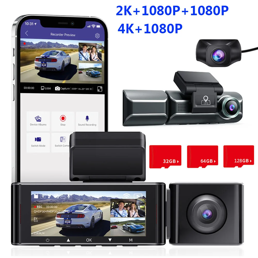 AZDOME driving recorder three lens recorder 2K+1080P+1080P built-in WIFI GPS car trajectory