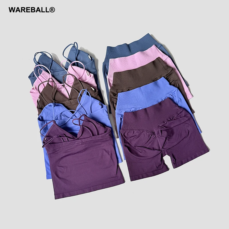 WAREBALL ヨガ 2 ピースジムセット女性ベストトップスハイウエストショーツジムスーツフィットネススポーツブラスポーツウェアワークアウトセット 1