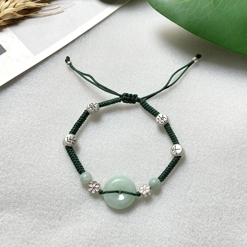 

genuine jade bracelet handmade green rope / 925 silver & natural jadeite donut lucky gift for her valentine's day gift for him