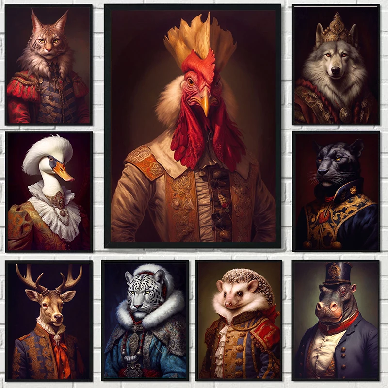 Wolf Lion Panther Rooster Cheetah Crow Deer Penguin Vintage Knight Animal Poster Canvas Painting Wall Art Picture for Room De