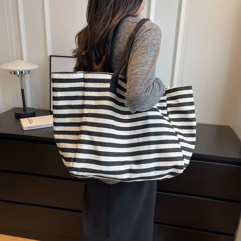 

Casual Striped Canvas Bag For Women Large Capacity Shoulder Bag Daily Shopping Totes Student Bookbag for School Travel Beach Bag