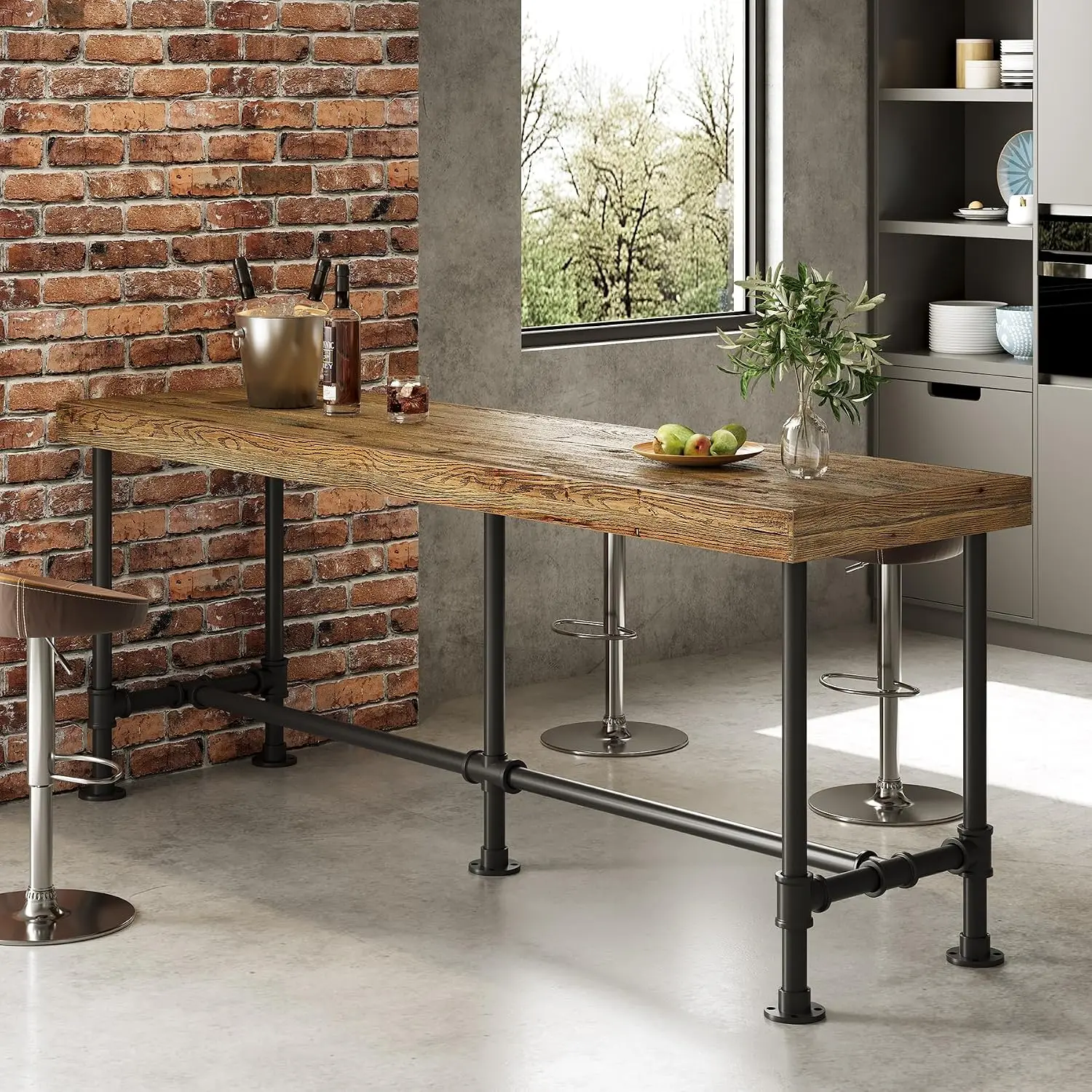 Long Solid Wood Bar Table 70.9 Inch Accommodates 6 8 People Industrial Narrow Counter Height Pub Table Metal Footrest Rectangula