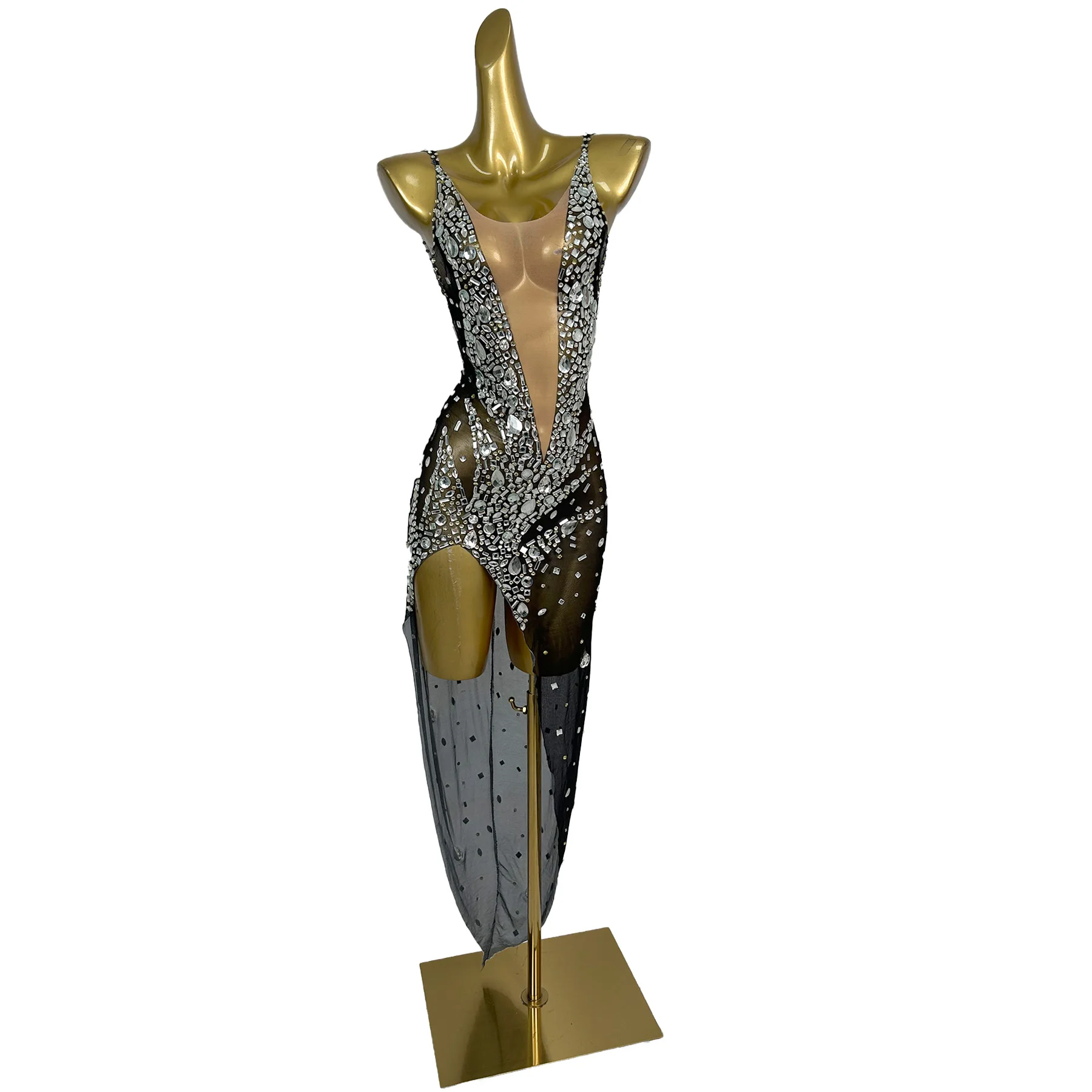 فستان Duyixiang أنيق للنساء بحمالات فضي وحجر الراين مثير شفاف من خلال فستان شبكي غير منتظم فستان أداء المسرح #1