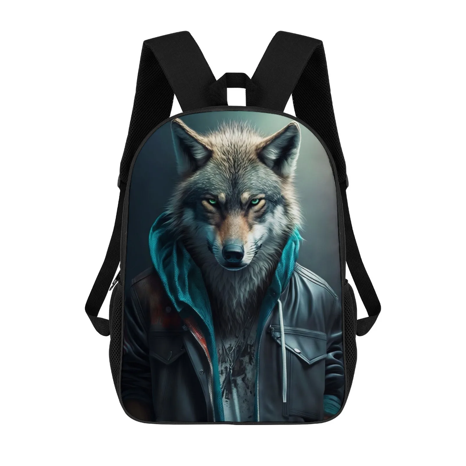 

Funny Wolf with Clothes Mochilas De Hombre Printed Zipper Backpack Book Bag Girls' School Backpack 17 Inch School Backpack Bag