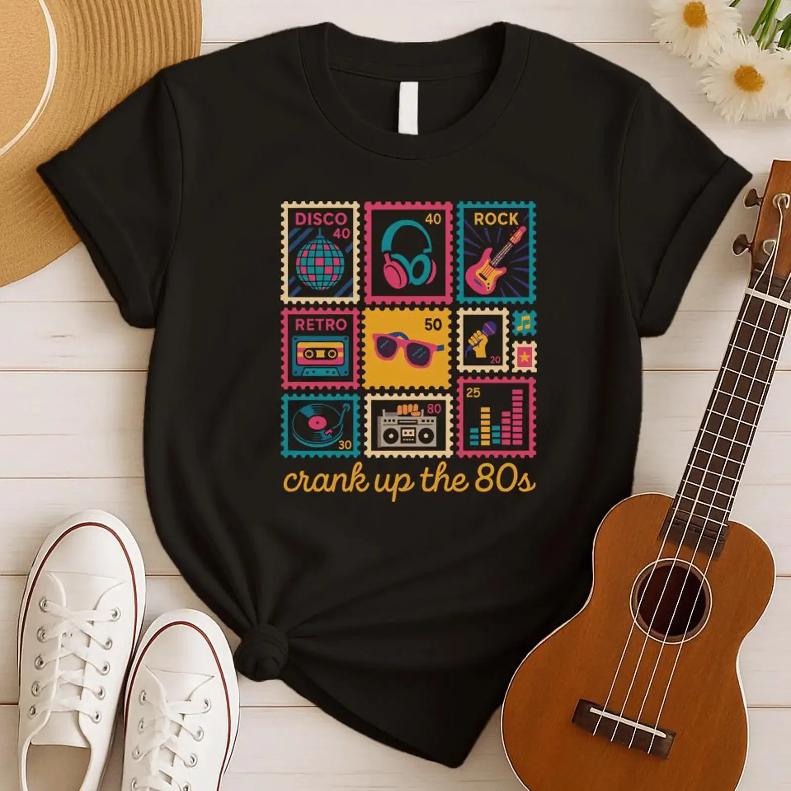 Crank Up The 80s Retro Vintage T Shirt Disco Rock Music Cassette Boombox  vintage Washed Soft Stretched Unisex streetwear homme