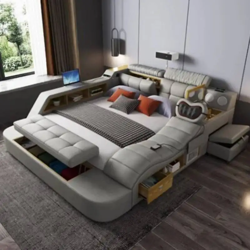 

Under Storage Bedroom Bed Frame King Size Massaging Faux Leather Bed Frame Multifunctional Letto Matrimoniale Home Furniture