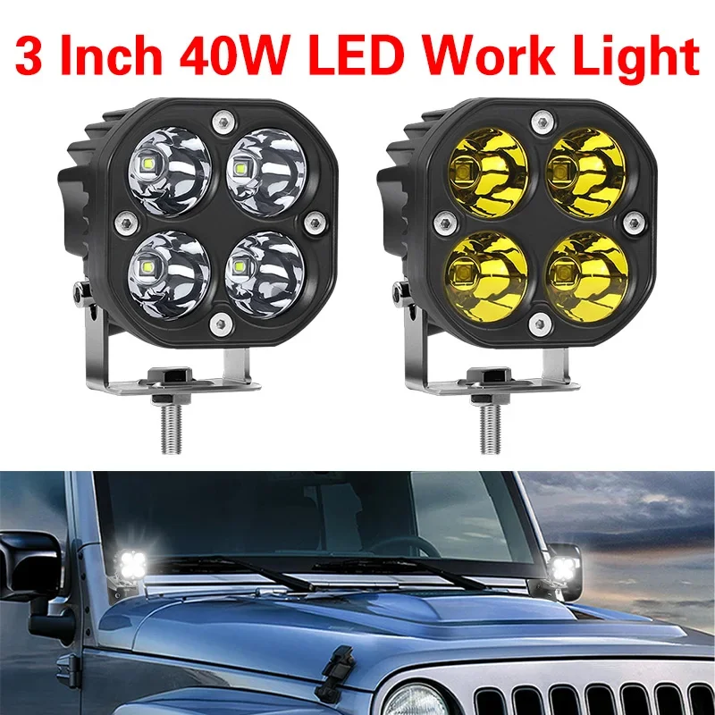

1/2x 3 Inch 40W Led Work Light Square Spotlight Flood Beam Motorcycle Driving Lights For 4x4 Offroad Tractors Truck Car Fog Lamp