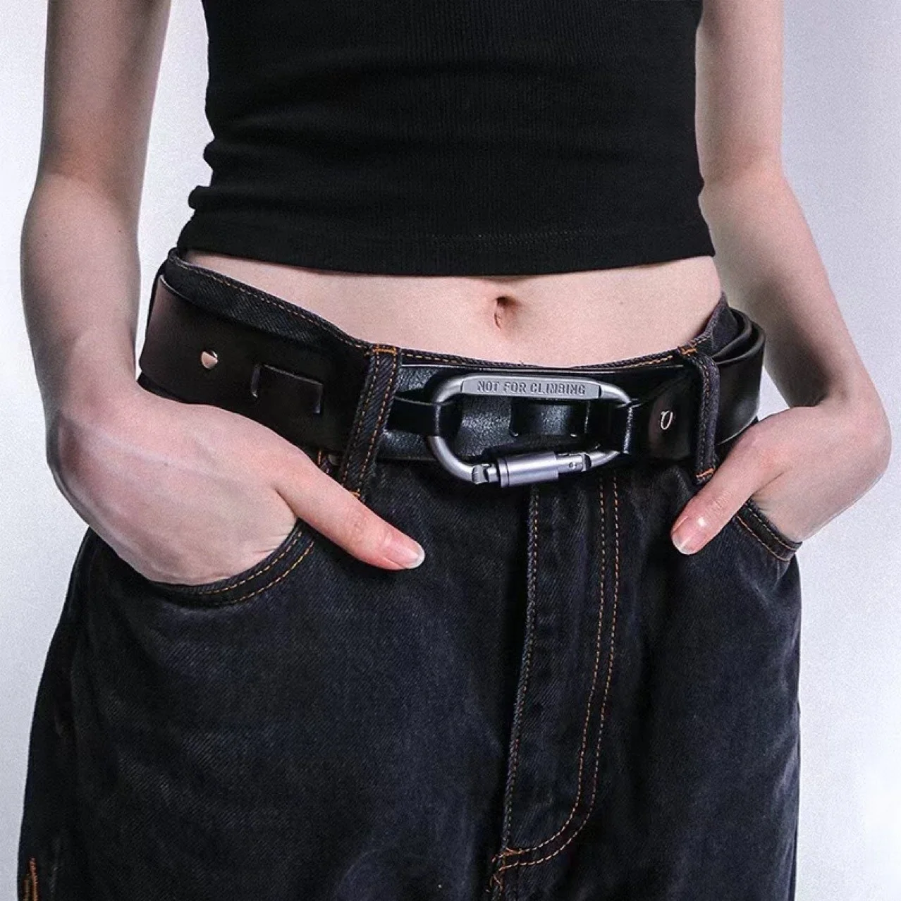 Punk Metal Carabiner Split Leather Belt Simple Waist Strap Women Men Decorative Belt for Coat Jeans Dress Waistband