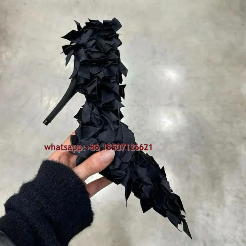 

Black Large Size Stiletto Bow Pumps Slip-On Pointed High Heels for Women Elegant Footwear