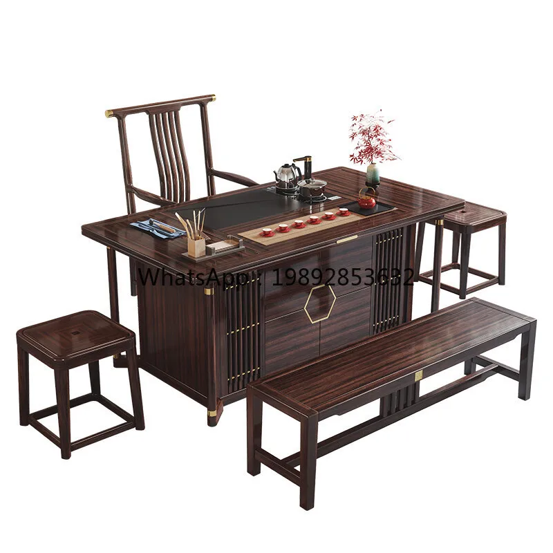 LYY Solid Wood Tea Table and Chair Set New Chinese Style Office Coffee Table Ebony Wood Home  Set Integrated Tea Brewing Table