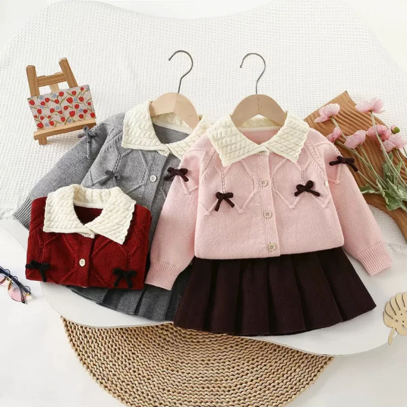 A.Girls'  New College Style Knitted Korean Version Fashionable Reversed Collar Cardigan Top and Skirt Two-Piece Set