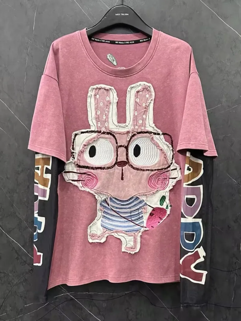 

Весна-лето, новинка, милая, уменьшающая возраст, тяжелая, с вышивкой кролика, искусственная двухсекционная футболка с длинными рукавами, женские свободные повседневные топы