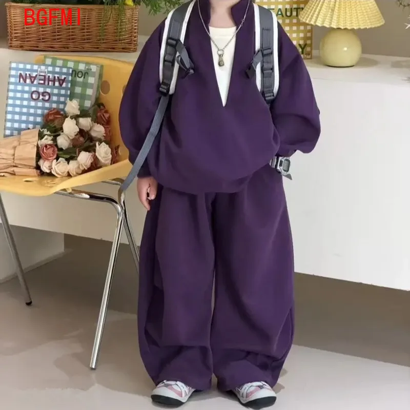 Children's Composite Cotton Korean Set for Boys Girls 2026 Spring Autumn New V-neck Fake Two-piece Top + Sports Pants 2pcs Set