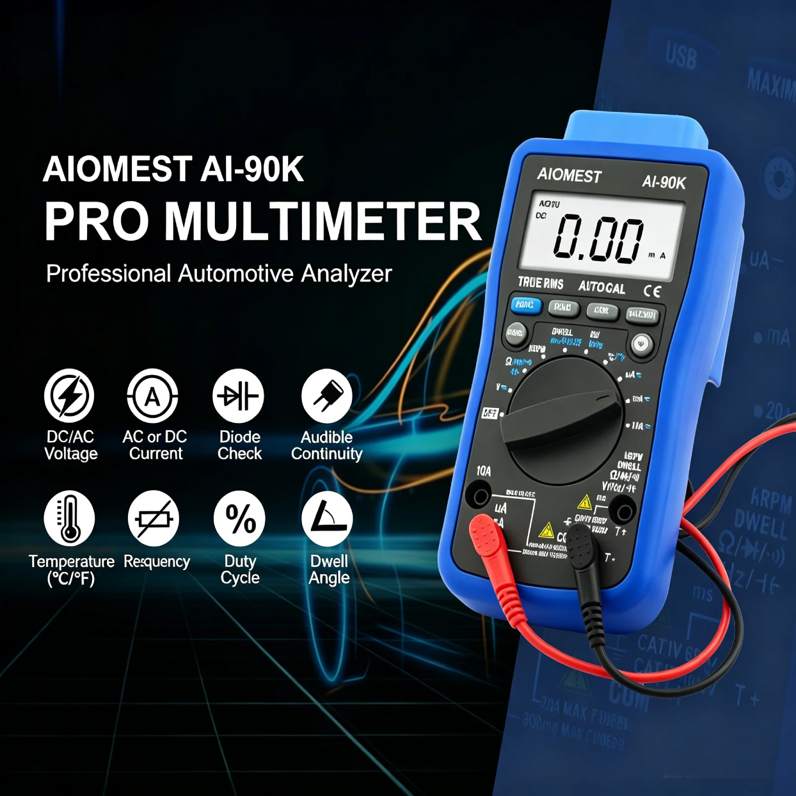 90K Automotive Multimeter TRMS PC-Link Auto Cal Dwell RPM Hz Duty Angle Temp Diode Diagnostic Tool For Car Truck Engine Repair