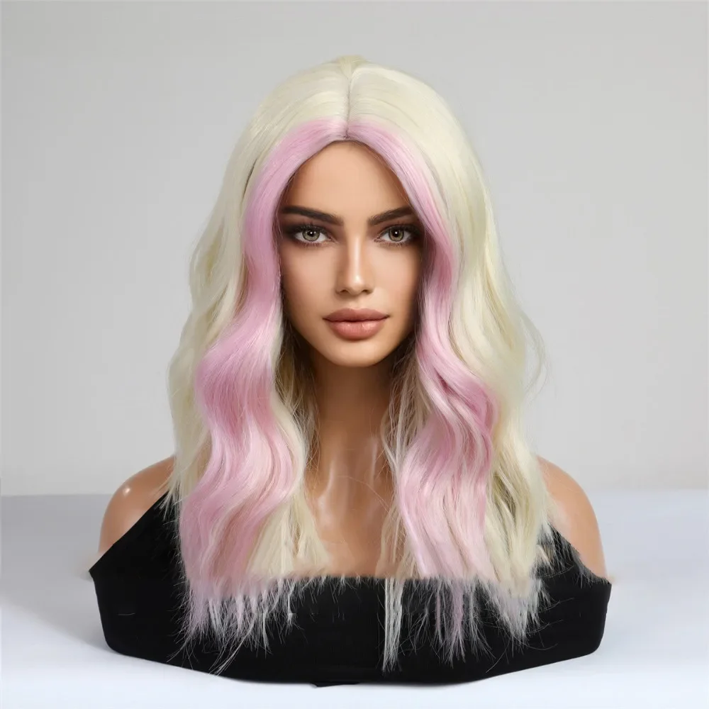 Y2K Synthetic wig Water Ripple Highlighte Halve Split Short Curly Wig Nature Realistic Full Cover Head