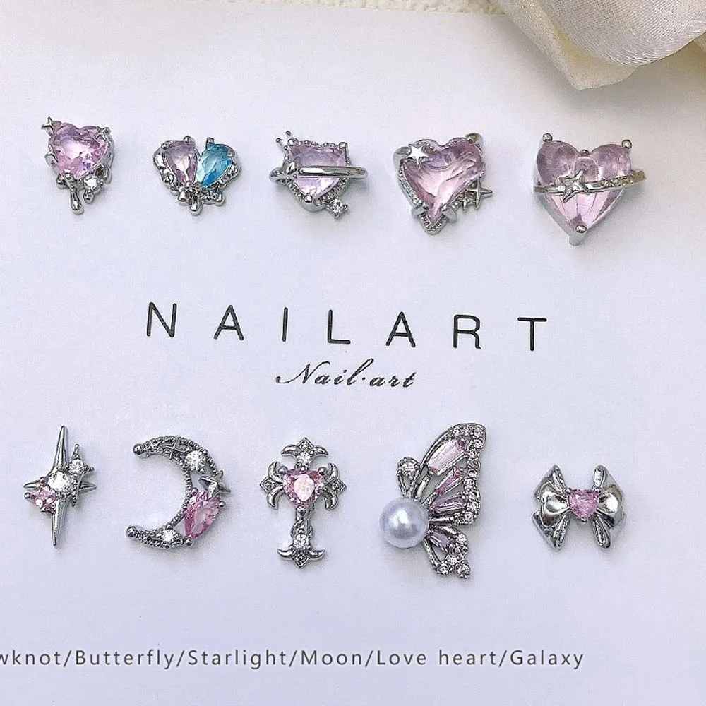 5pcs Pink Zircon Love Nail Art Charm 3D Alloy Star Moon Bow Metal Silver Nails Decorations DIY Simple Style Manicure Accessories