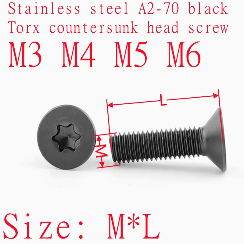 10pcs-50pcs M3 M4 M5 m6 Stainless Steel Black Colour GB2673 Six-Lobe Torx Flat Countersunk Screw