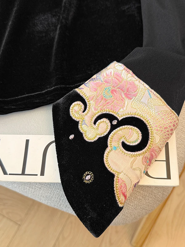 Ele chino Sle bordado oro terciopelo largo Sve redondo Ne camiseta mujer otoño Faion alta gama Base irt tendencia...