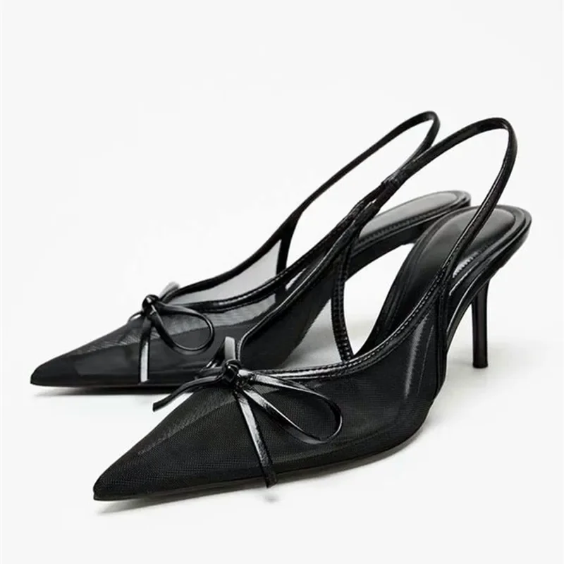 

Mesh Bow Design Black Thin High Heels Women Sexy Pointed Toe Breathable Slingback Dress Pumps Concise Summer Sandals sandalias