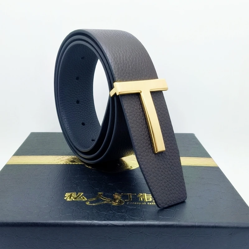 High Quality cintura uomo Luxury Goods Designer Male litchi Leather T-shaped Buckle Belt With Double-sided Use 38MM Tom ceinture