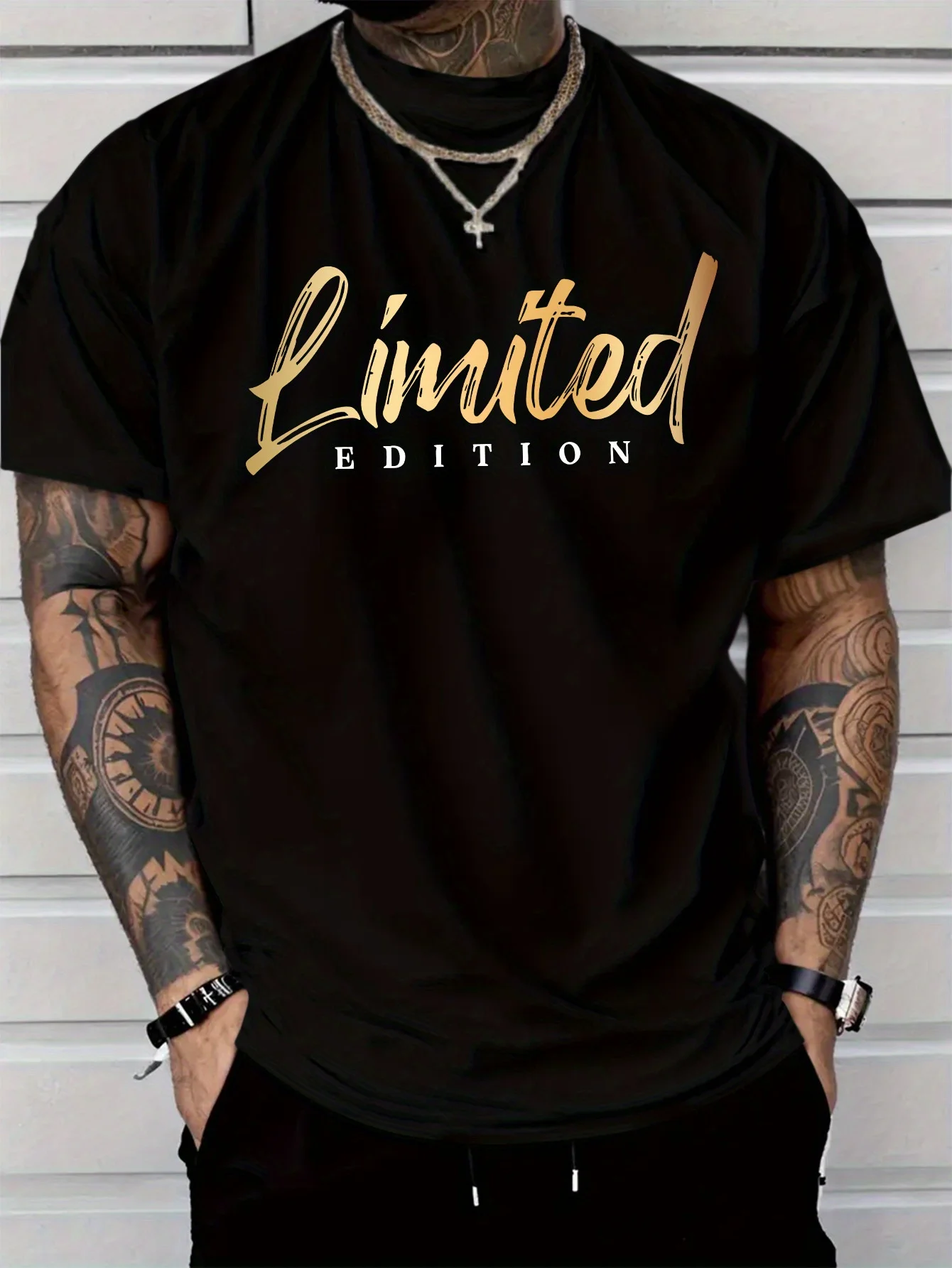 Limited Edition Gold Foil Text Graphic Tee for Men Breathable 100% Cotton Perfect for Summer Streetwear Trendy Premium Style