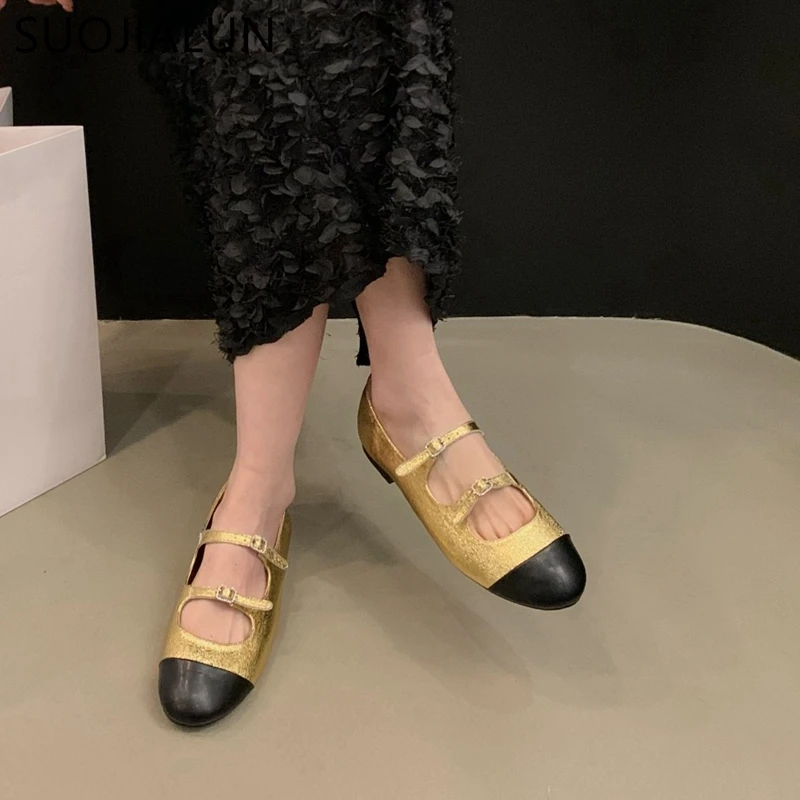 SUOJIALUN New Brand Women Flat Shoes Fashion Mix Color Ladies Elegant Gold Ballet Shoes Round Toe Shallow Dress Mary Jane Shoes