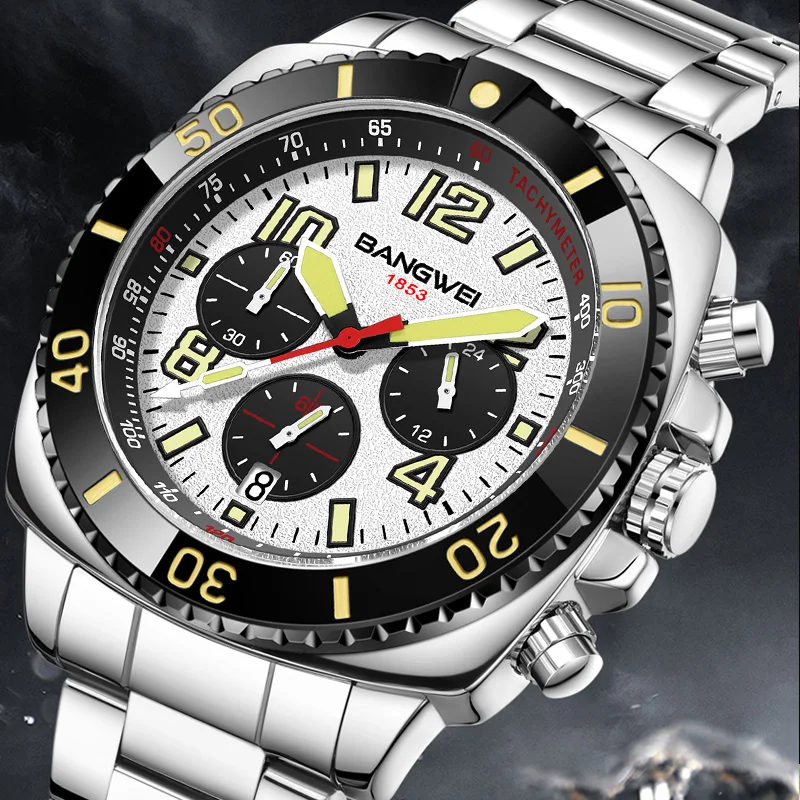 

BANGWEI Роскошные спортивные мужские наручные часы, светящиеся водонепроницаемые часы с датой для мужчин, деловые стальные кварцевые мужские часы, хронограф