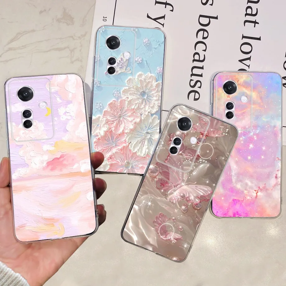 For Oppo Reno11 F CPH2603 Back Case Reno11 CPH2599 Soft Silicone Transparen Bumper With Flower Butterfly Print Phone Coque Capa