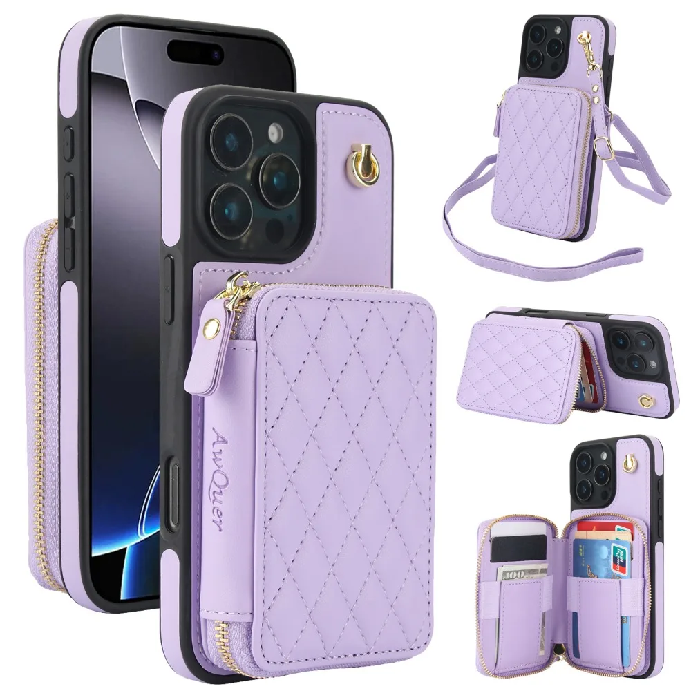 

Leather Phone Case for IPhone 16 15 14 Plus 13 12 11 Pro Max XS X 7 8 Crossbody Wrist Strap Zipper Wallet with Card Holder Cover