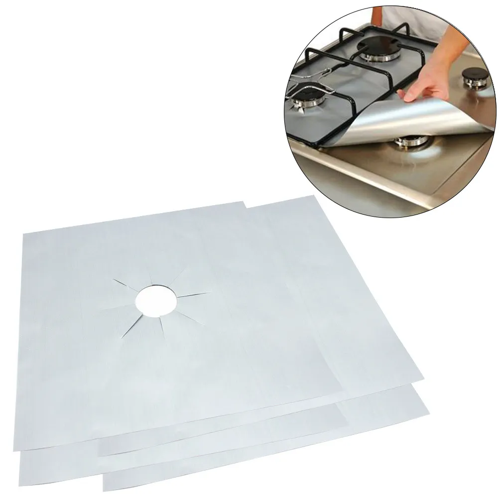 4Pcs Reusable Gas Hob Liner Sheets Heavy Duty Oven Protector for Gas Cookers Flame Cutout Non Stick Spill Proof Silver