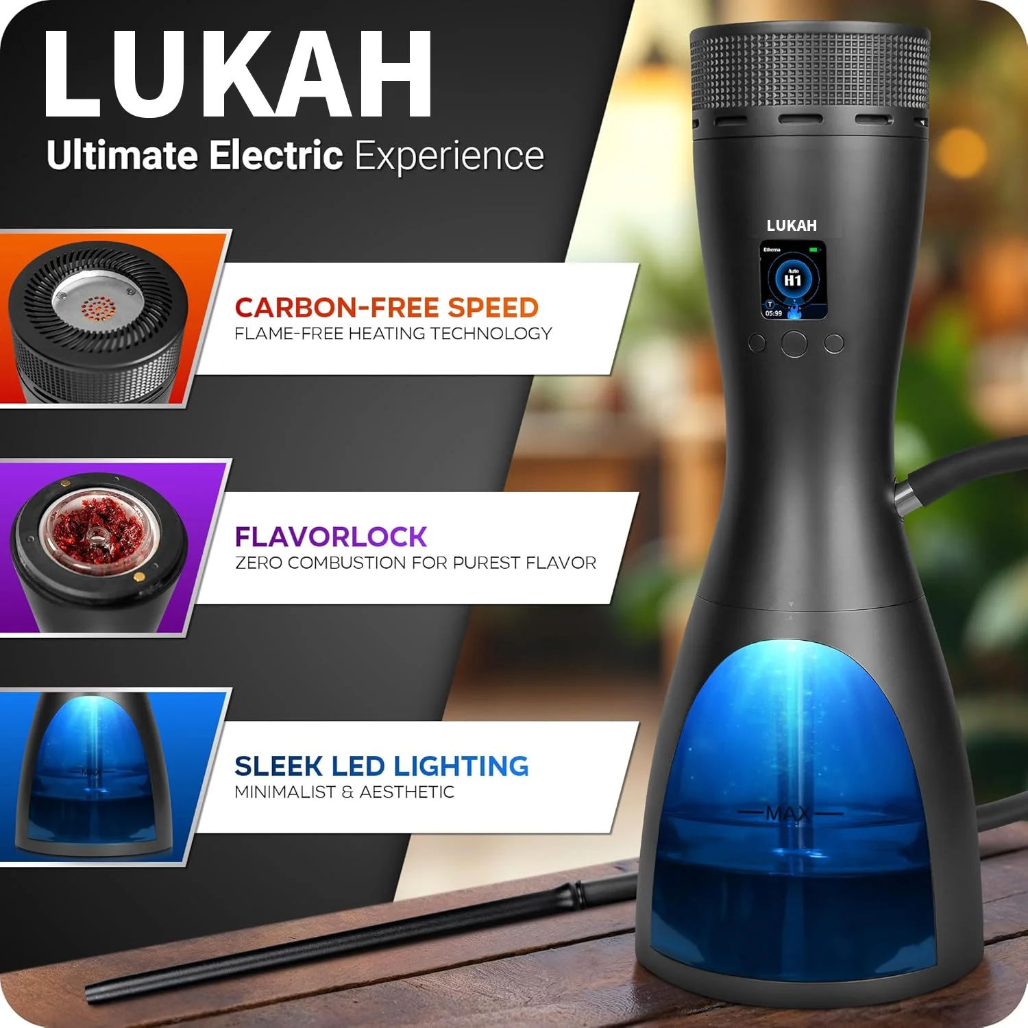 LUKAH Smart Electric Hookah Rechargeable Rapid Heating Temperature Control Long Battery Life LED Lighting Digital Display Shisha